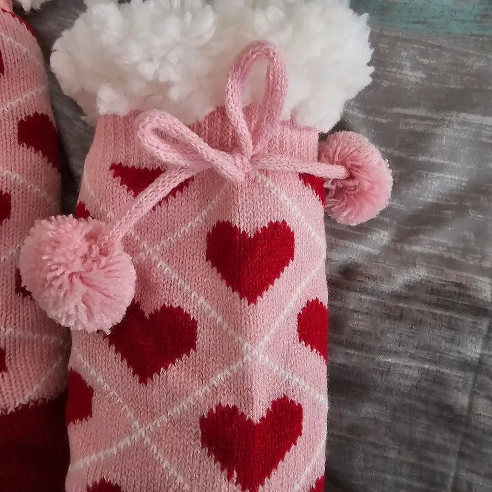 Cozy Pink and Red Heart Slipper Socks With Grip Bottoms.
